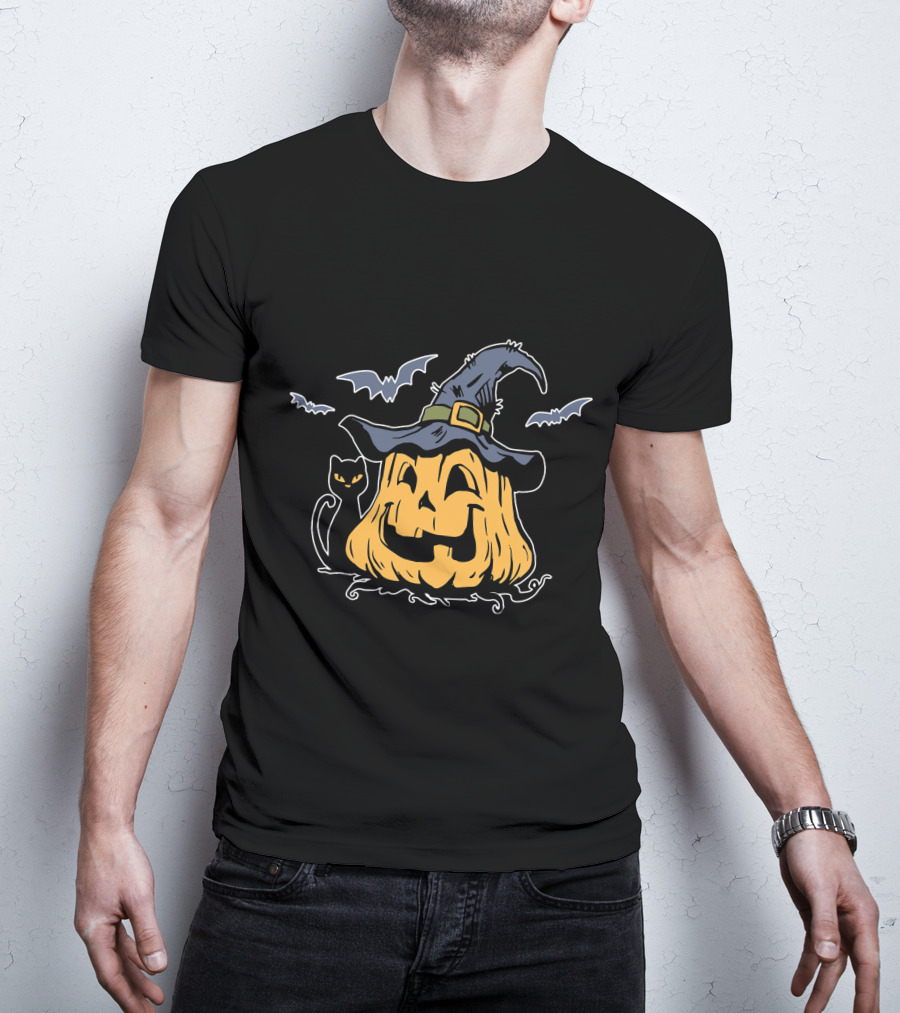 Pumpkin Black Cat Witch Hat Bats Everyday Is Halloween T-Shirt