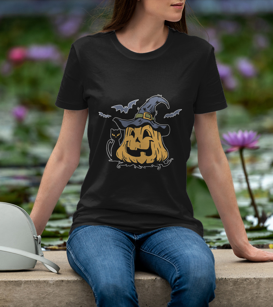 Pumpkin Black Cat Witch Hat Bats Everyday Is Halloween T-Shirt