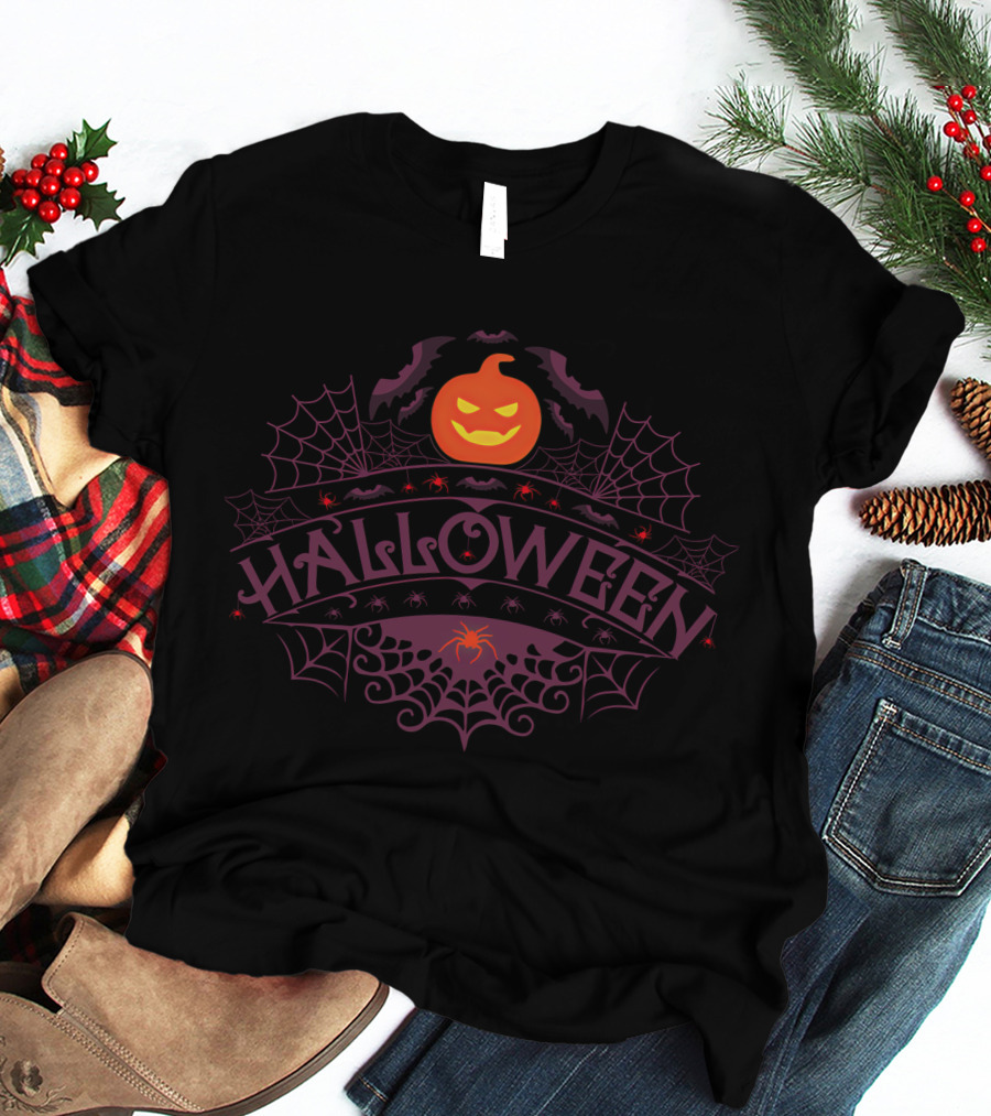 Halloween Pumpkin And Spider Web T-Shirt