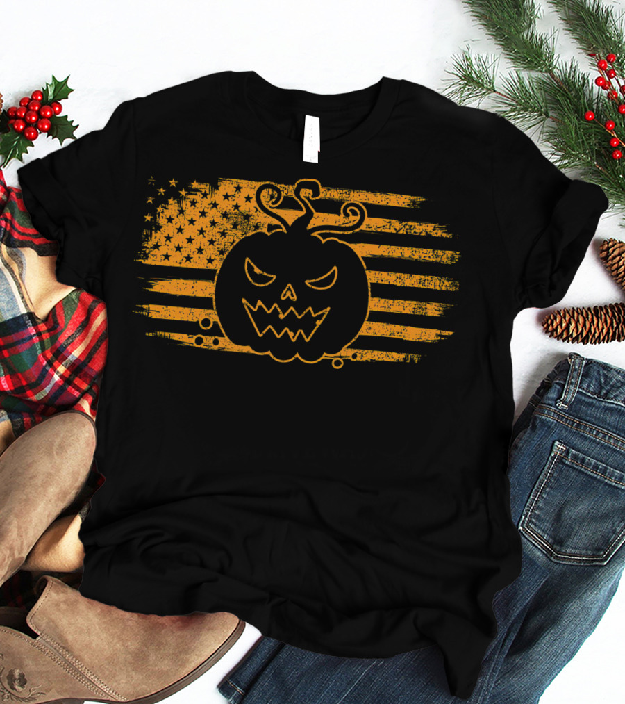 Halloween Pumpkin Monster USA Flag Grunge T-Shirt