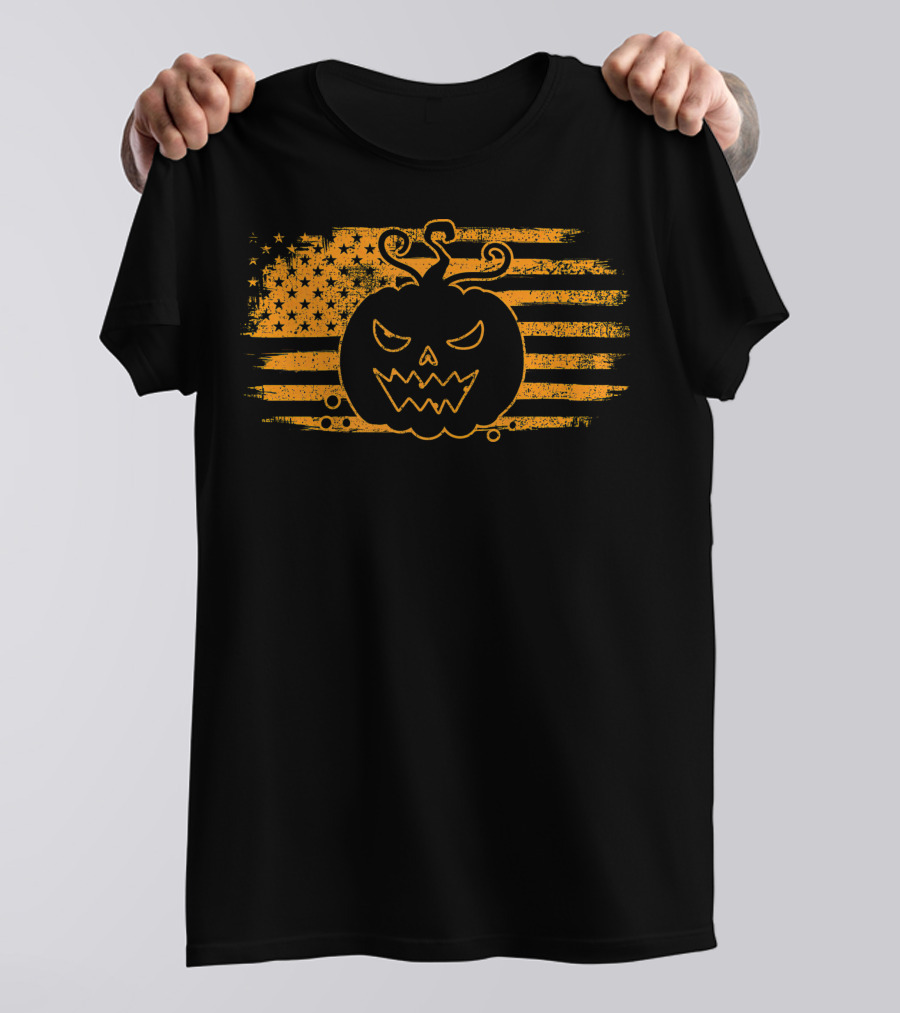 Halloween Pumpkin Monster USA Flag Grunge T-Shirt