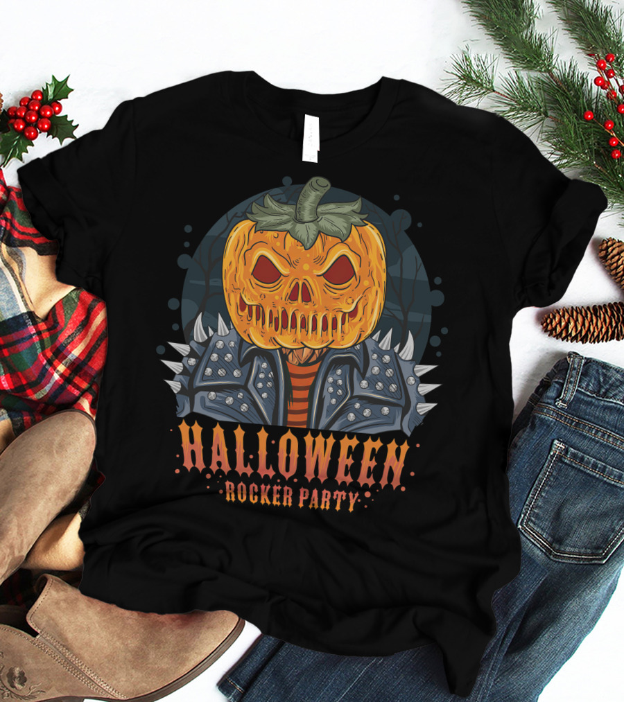 Halloween Rocker Party Pumpkin Head Spiked Jacket T-Shirt