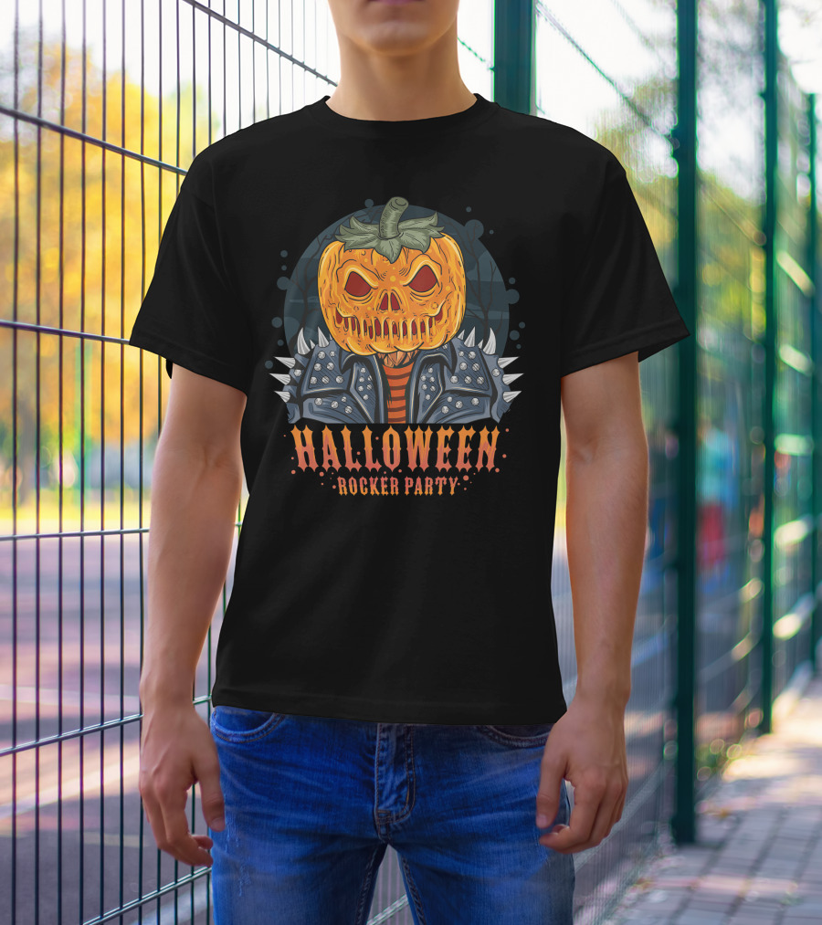Halloween Rocker Party Pumpkin Head Spiked Jacket T-Shirt