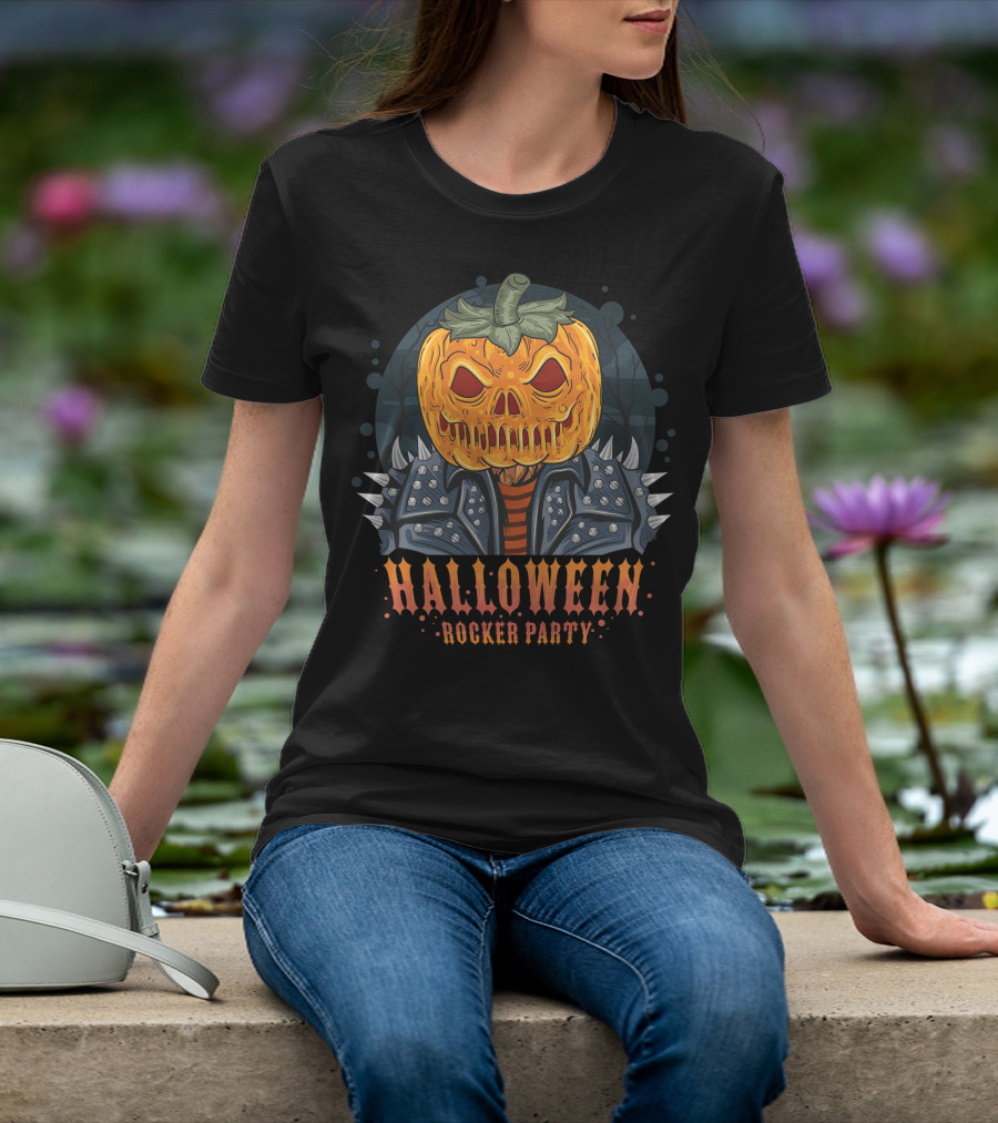 Halloween Rocker Party Pumpkin Head Spiked Jacket T-Shirt
