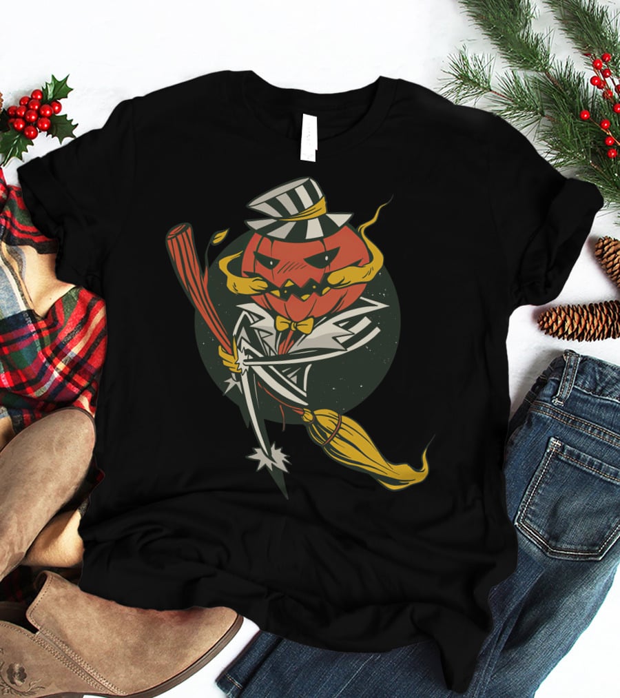 Halloween Pumpkin Skeleton With Striped Hat And Broomstick T-Shirt