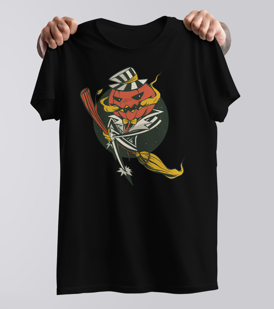 Halloween Pumpkin Skeleton With Striped Hat And Broomstick T-Shirt