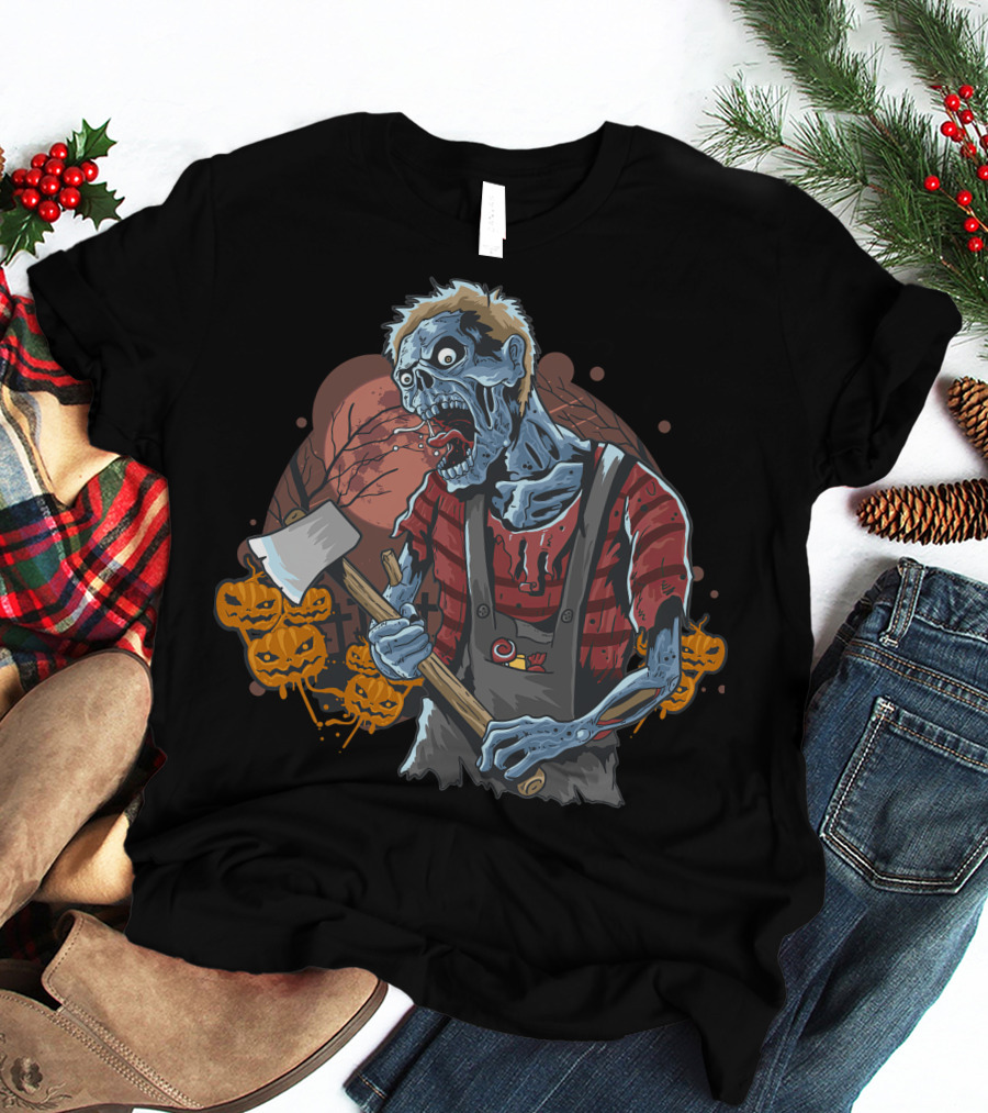 Zombie With Axe And Pumpkins In Spooky Forest T-Shirt