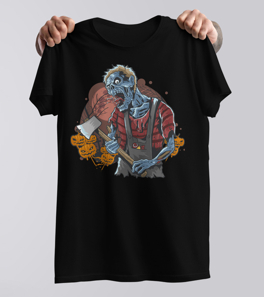 Zombie With Axe And Pumpkins In Spooky Forest T-Shirt