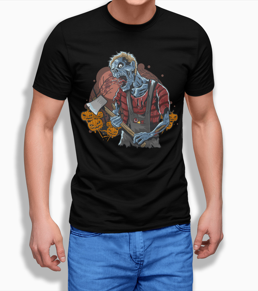 Zombie With Axe And Pumpkins In Spooky Forest T-Shirt