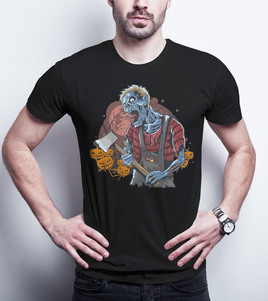 Zombie With Axe And Pumpkins In Spooky Forest T-Shirt