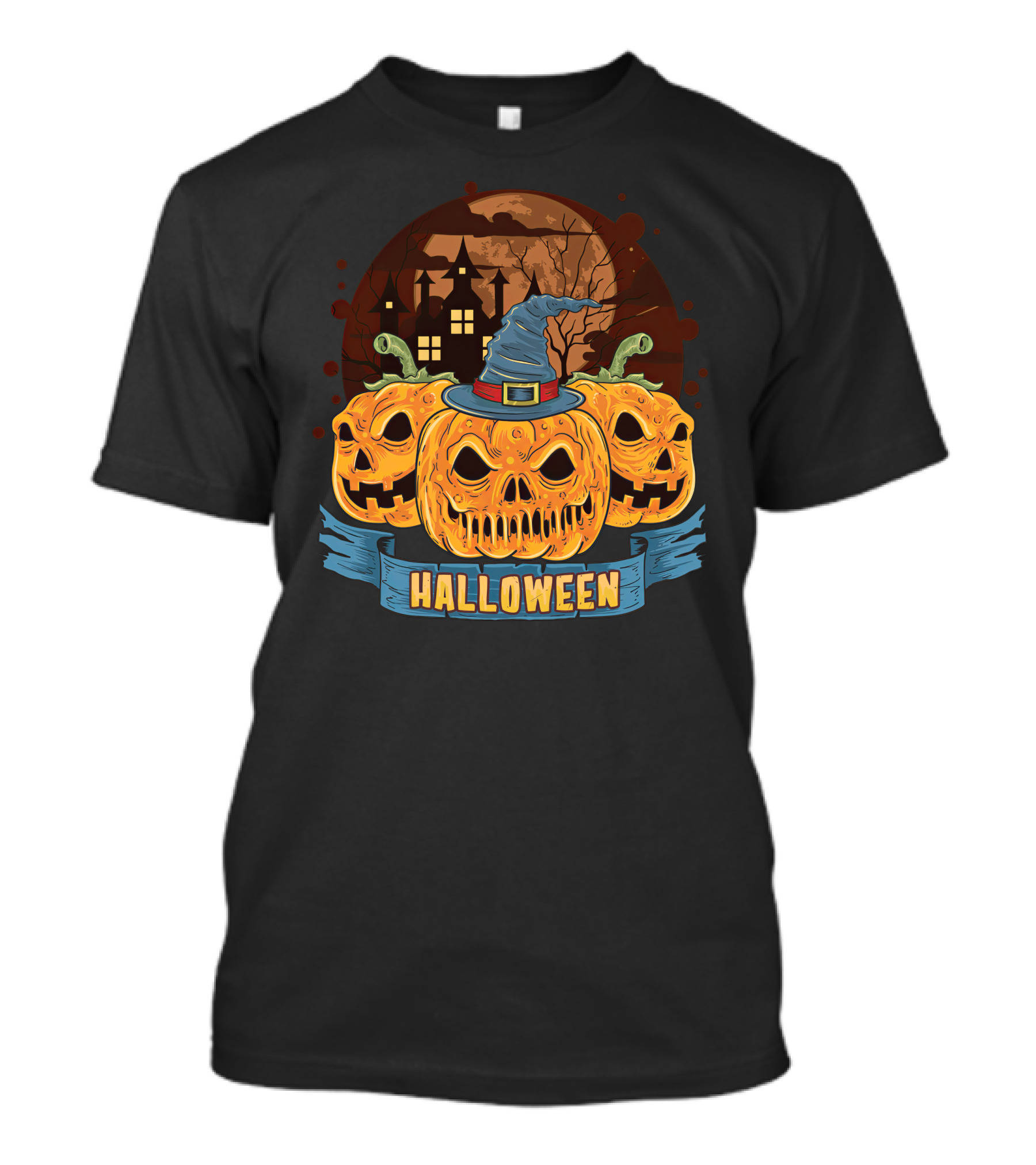 Halloween Spooky Pumpkins With Haunted House And Witch Hat T-Shirt