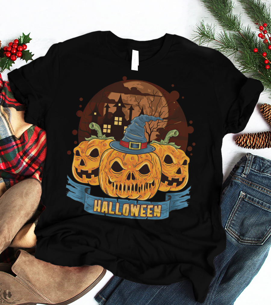Halloween Spooky Pumpkins With Haunted House And Witch Hat T-Shirt
