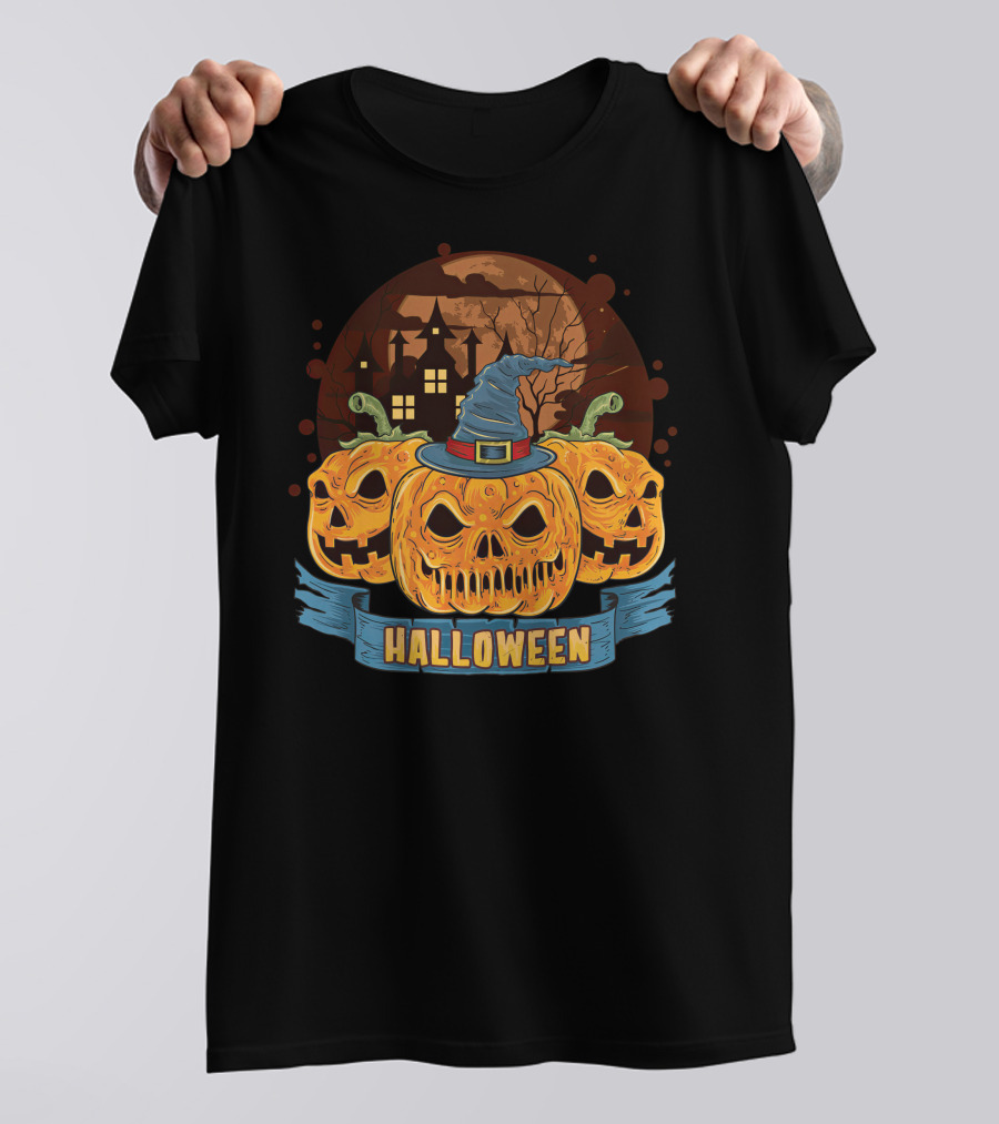 Halloween Spooky Pumpkins With Haunted House And Witch Hat T-Shirt