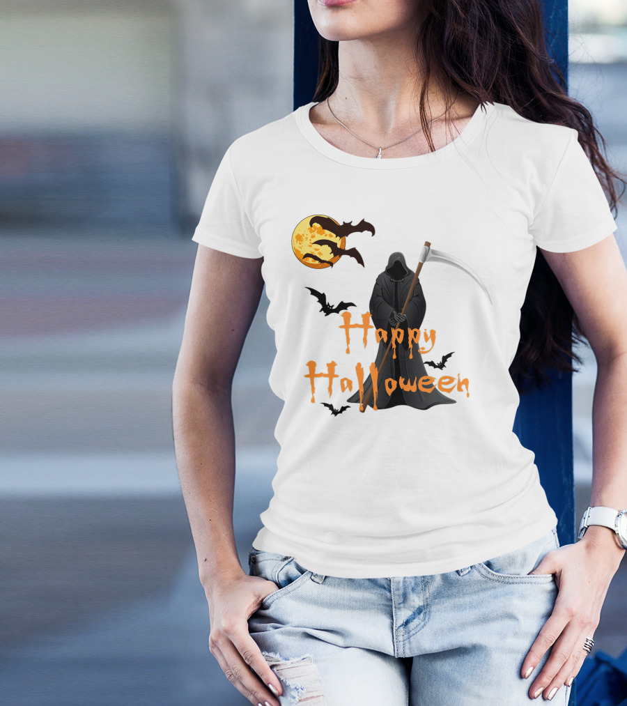 Happy Halloween Grim Reaper With Bats And Moon T-Shirt