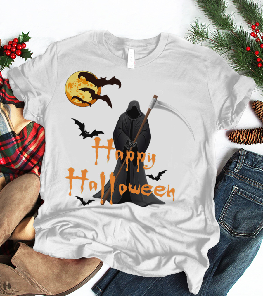Happy Halloween Grim Reaper With Bats And Moon T-Shirt