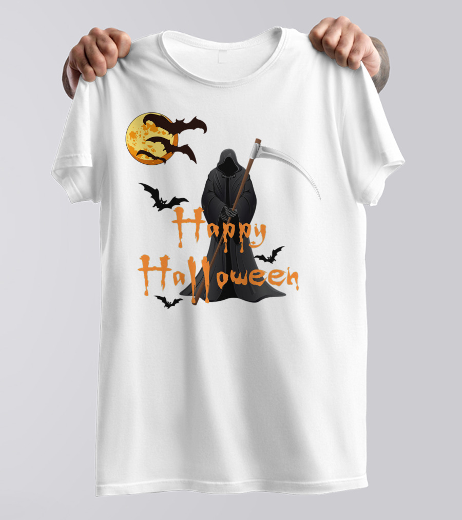 Happy Halloween Grim Reaper With Bats And Moon T-Shirt