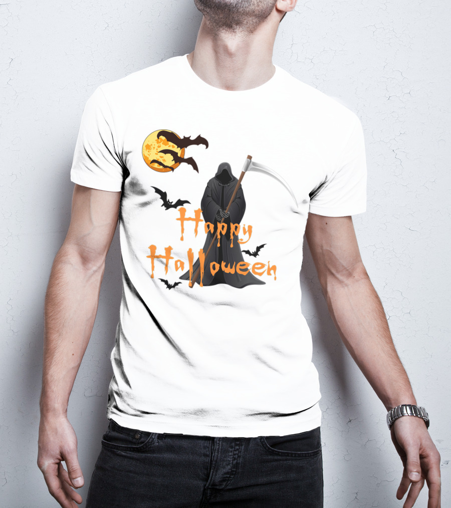 Happy Halloween Grim Reaper With Bats And Moon T-Shirt