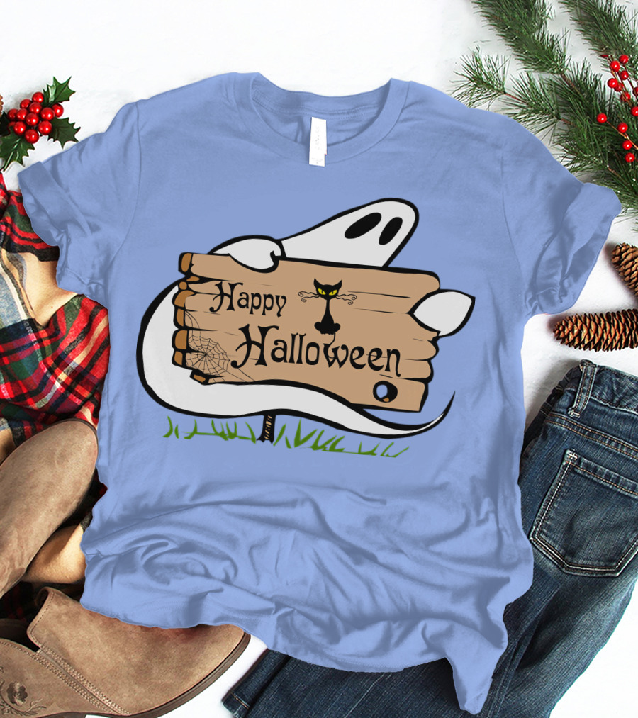 Happy Halloween Ghost With Black Cat And Spider Web T-Shirt