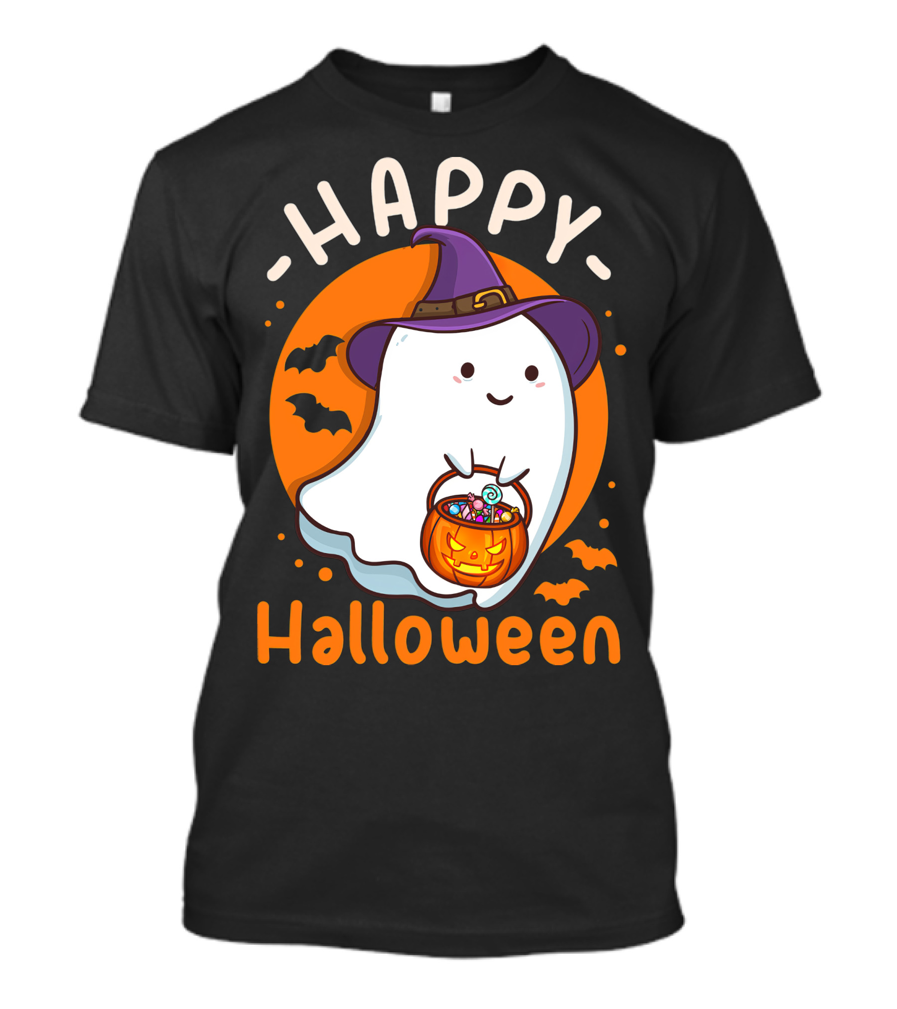 Happy Halloween Ghost With Pumpkin And Witch Hat T-Shirt