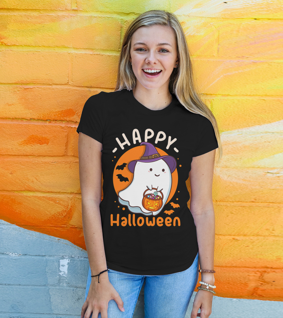 Happy Halloween Ghost With Pumpkin And Witch Hat T-Shirt