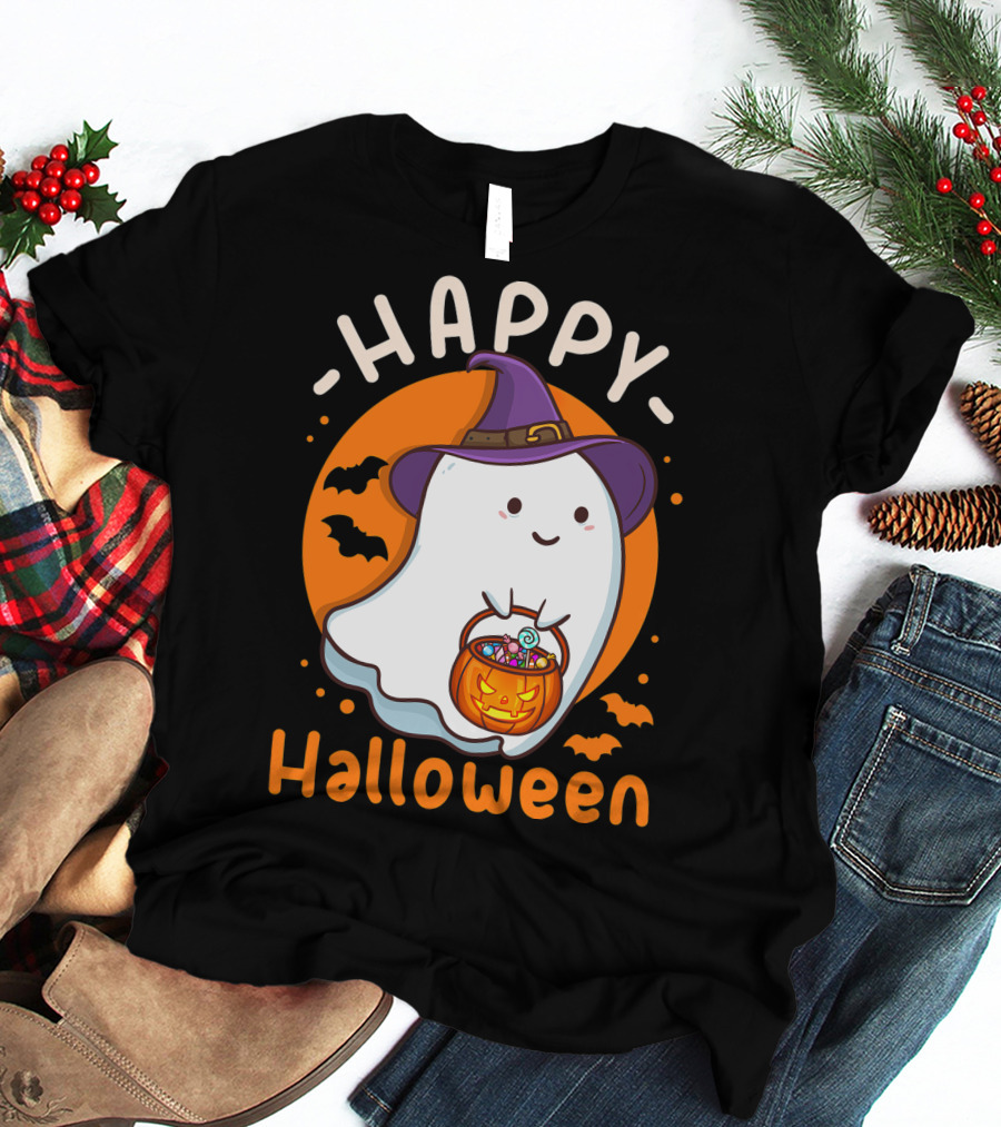 Happy Halloween Ghost With Pumpkin And Witch Hat T-Shirt