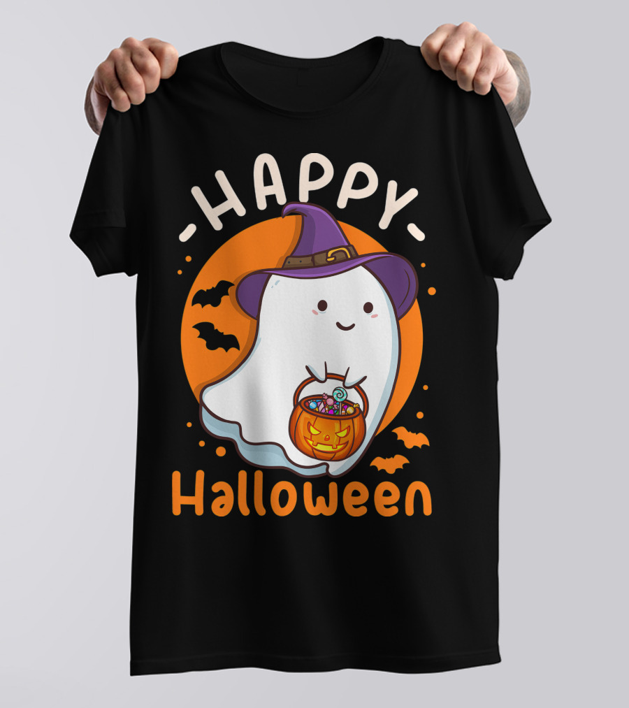 Happy Halloween Ghost With Pumpkin And Witch Hat T-Shirt