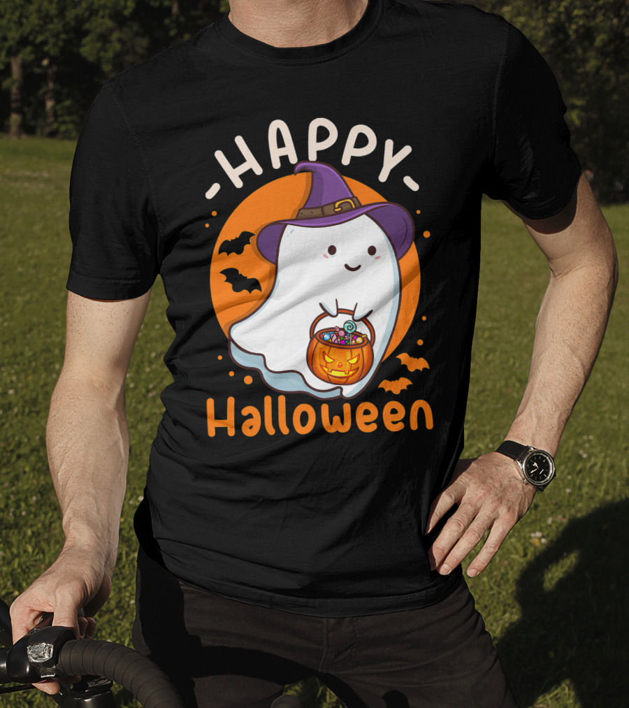 Happy Halloween Ghost With Pumpkin And Witch Hat T-Shirt