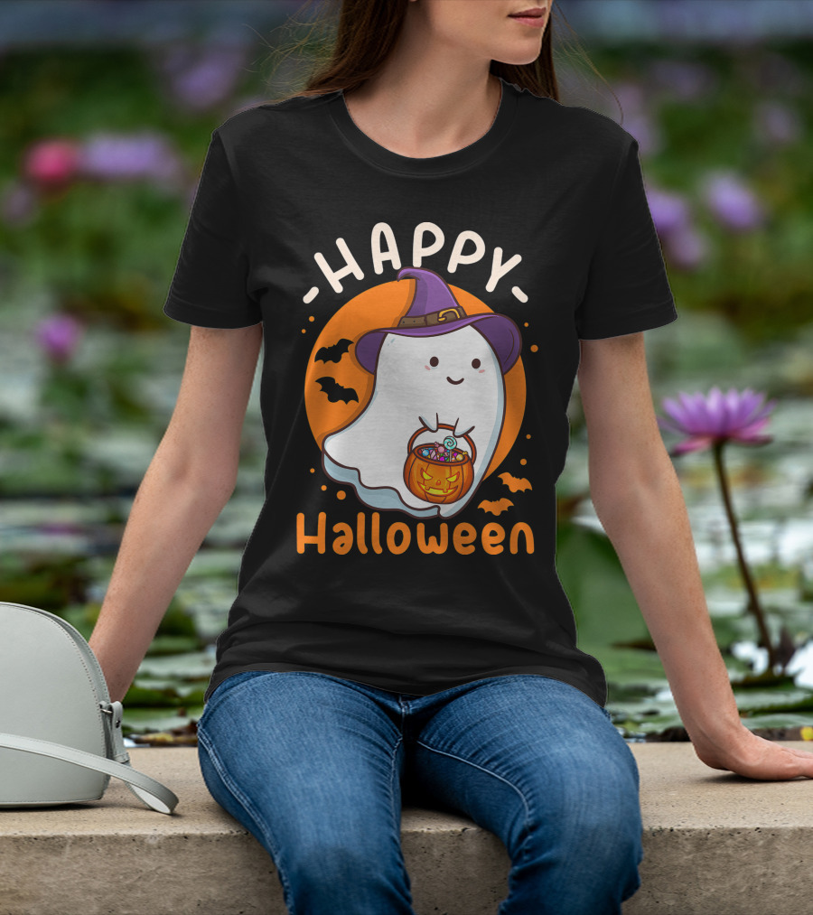 Happy Halloween Ghost With Pumpkin And Witch Hat T-Shirt