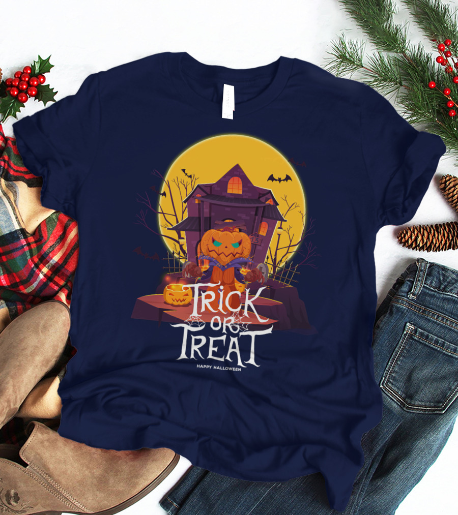 Halloween Trick Or Treat Happy Halloween Haunted House Pumpkin Bats T-Shirt