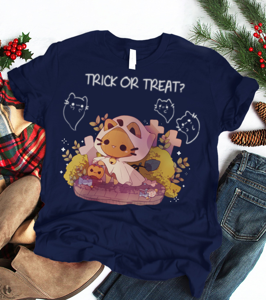 Trick Or Treat Kitty Ghost With Pumpkin And Crosses T-Shirt