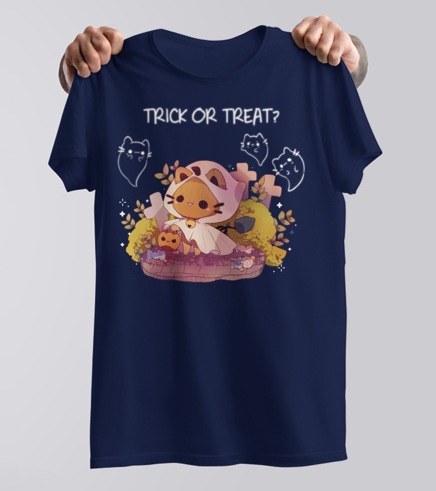 Trick Or Treat Kitty Ghost With Pumpkin And Crosses T-Shirt