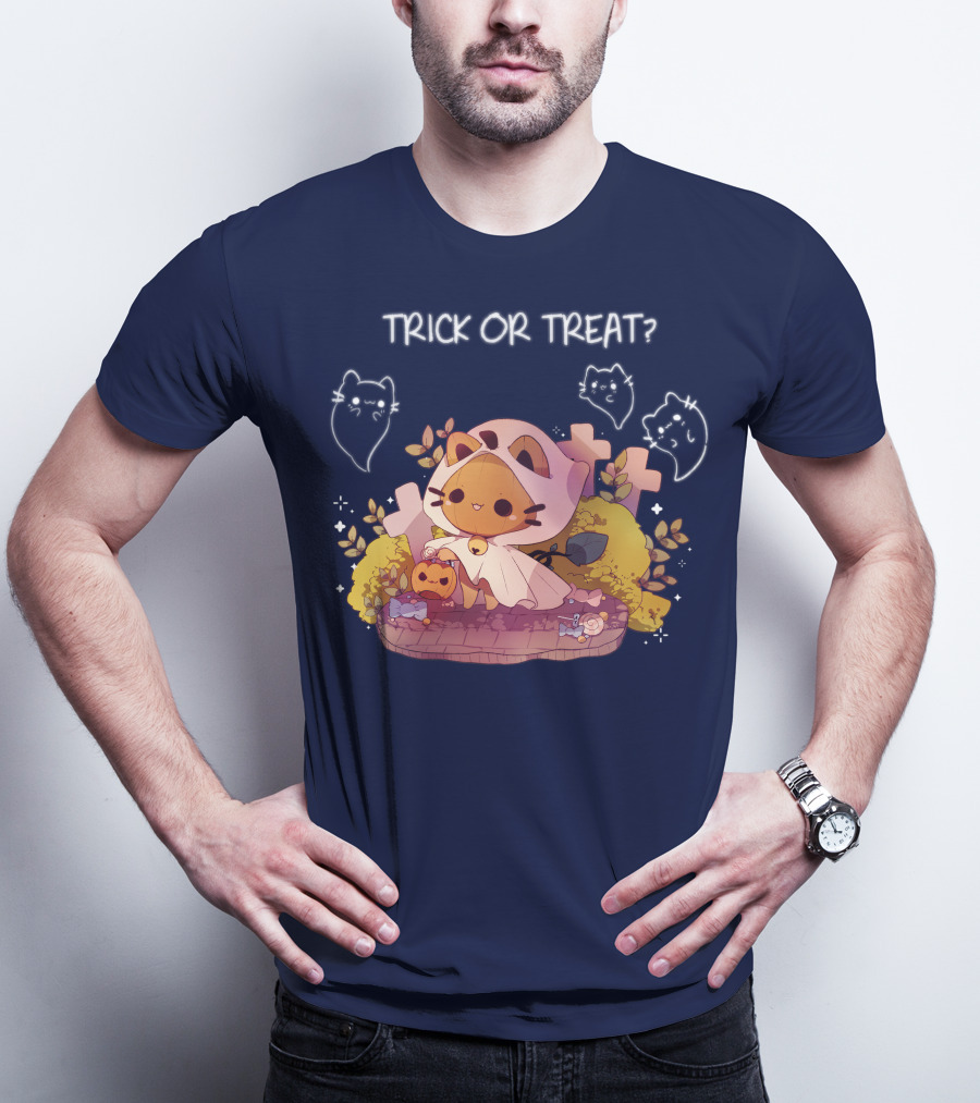Trick Or Treat Kitty Ghost With Pumpkin And Crosses T-Shirt