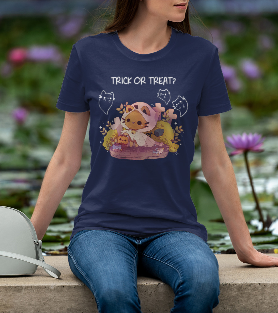 Trick Or Treat Kitty Ghost With Pumpkin And Crosses T-Shirt