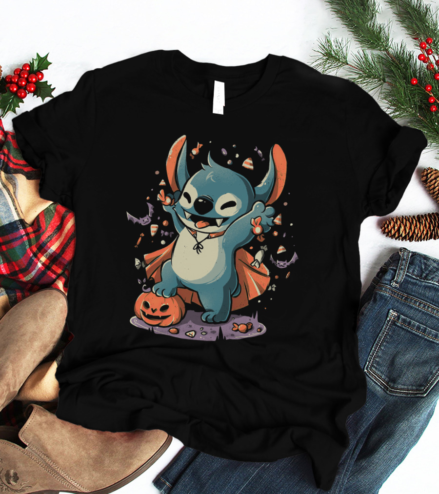 Halloween Cute Cartoon Stitch Vampire Candy Pumpkin T-Shirt