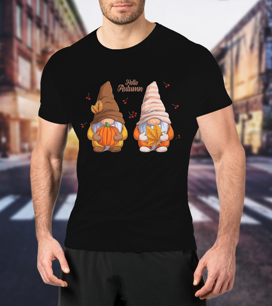 Hello Autumn Gnomes With Pumpkin And Leaf T-Shirt