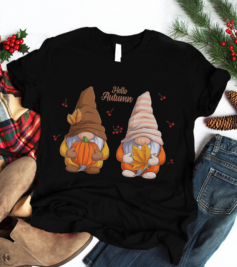 Hello Autumn Gnomes With Pumpkin And Leaf T-Shirt