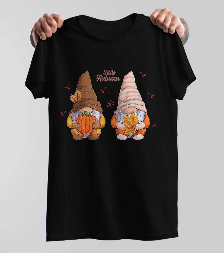 Hello Autumn Gnomes With Pumpkin And Leaf T-Shirt