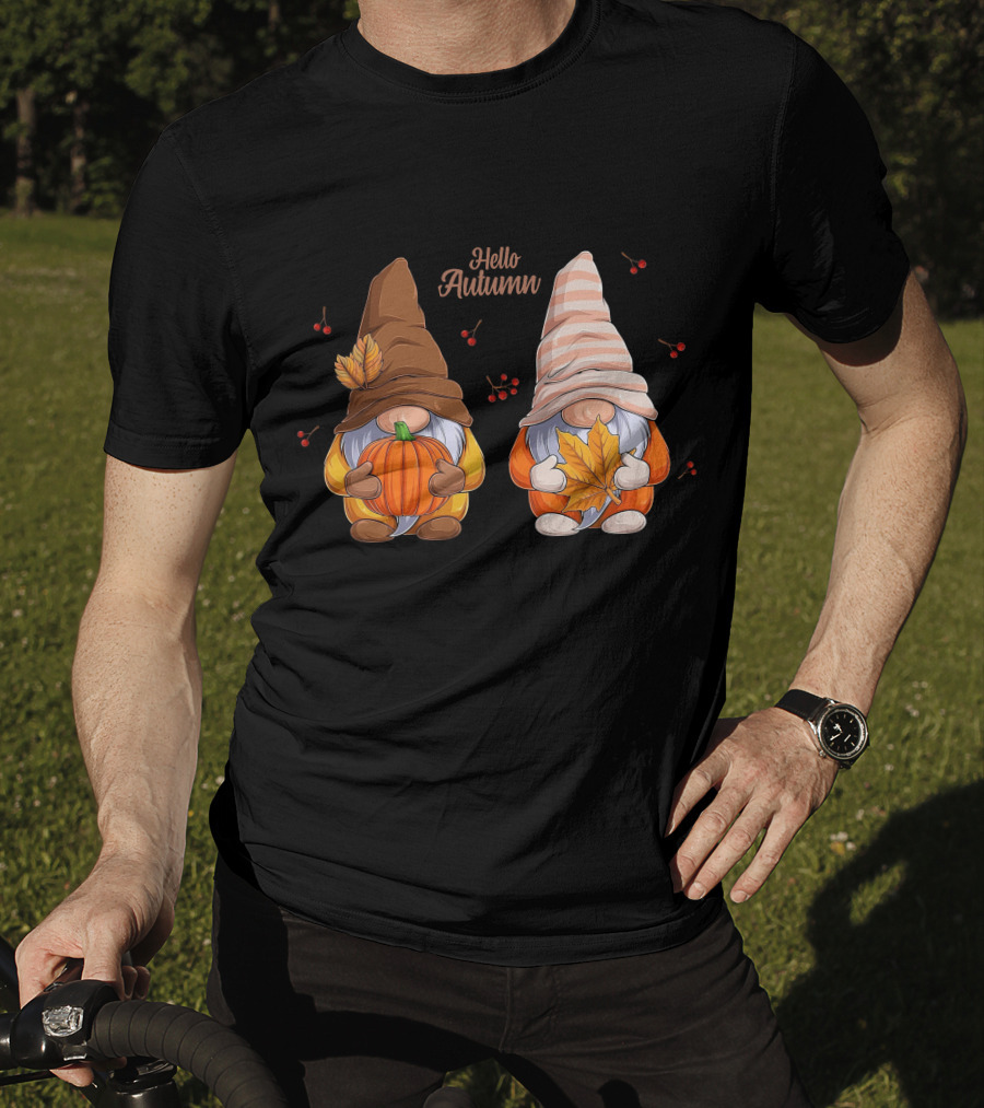 Hello Autumn Gnomes With Pumpkin And Leaf T-Shirt