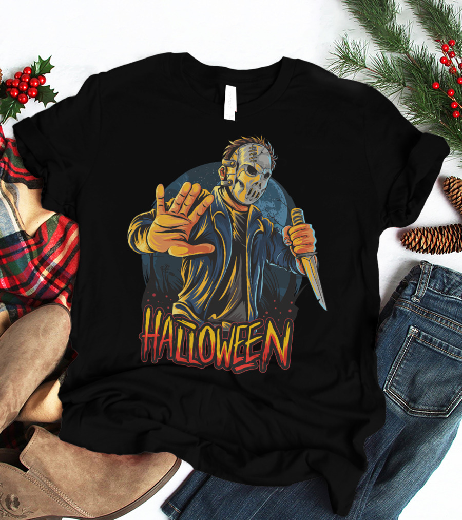 Halloween Horror Mask Knife Threat T-Shirt