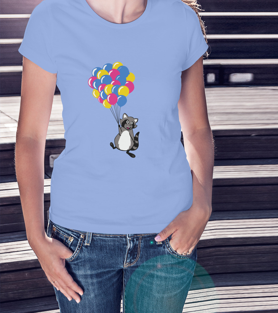 Raccoon Flying With Colorful Balloons T-Shirt