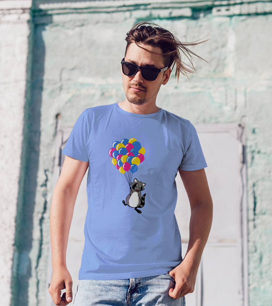 Raccoon Flying With Colorful Balloons T-Shirt