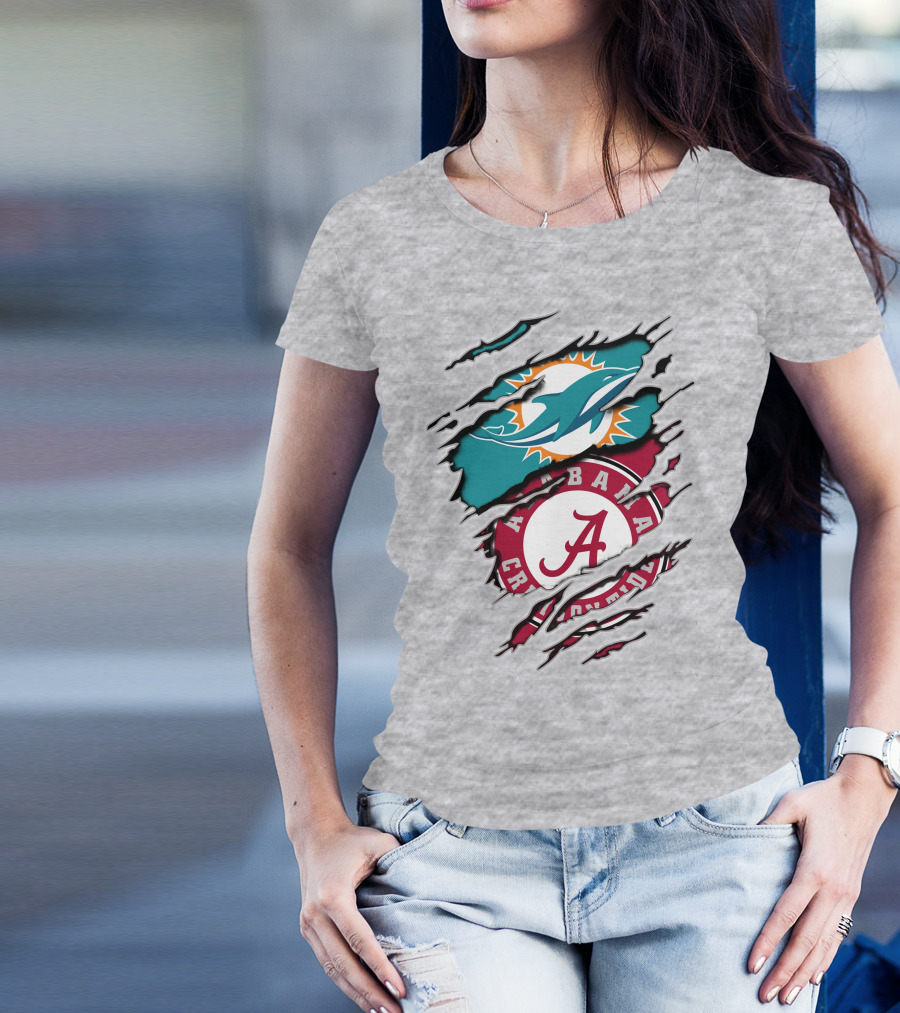 Alabama Crimson Tide And Miami Dolphins Logo Fusion T-Shirt