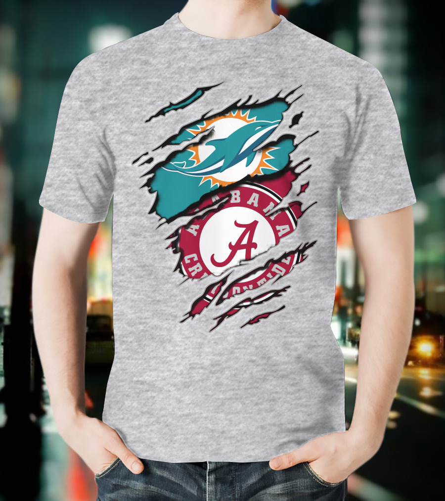 Alabama Crimson Tide And Miami Dolphins Logo Fusion T-Shirt