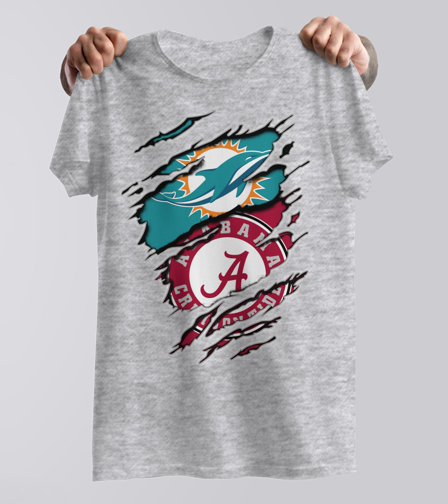 Alabama Crimson Tide And Miami Dolphins Logo Fusion T-Shirt