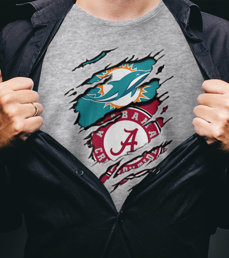 Alabama Crimson Tide And Miami Dolphins Logo Fusion T-Shirt