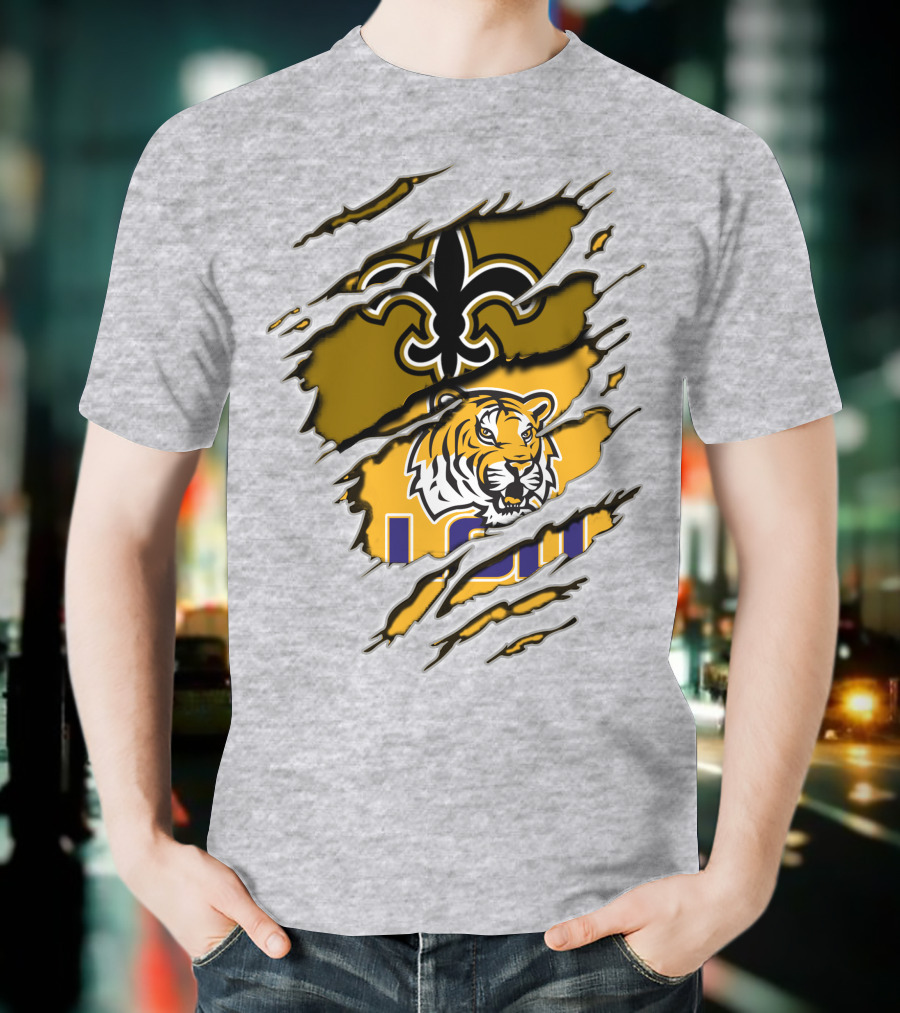 Saints Fleur-de-Lis And LSU Tiger Logo Combination T-Shirt