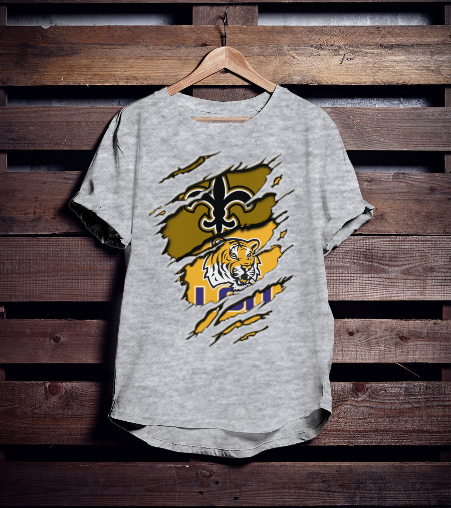 Saints Fleur-de-Lis And LSU Tiger Logo Combination T-Shirt