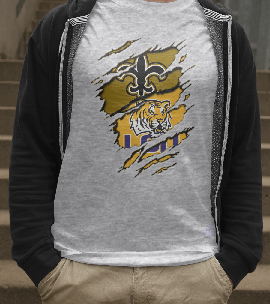 Saints Fleur-de-Lis And LSU Tiger Logo Combination T-Shirt