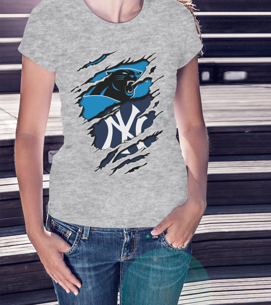 Panthers Yankees Claw Rip Logos Mashup T-Shirt