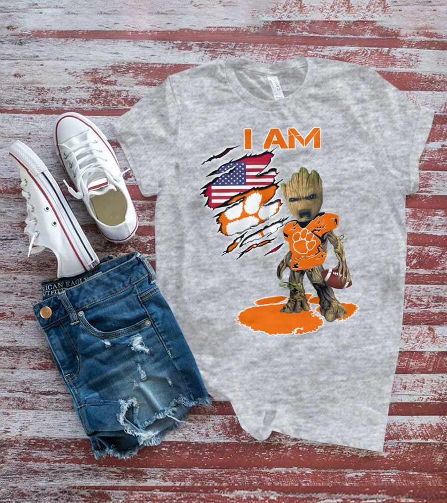 I AM Groot Clemson Football American Flag Background T-Shirt